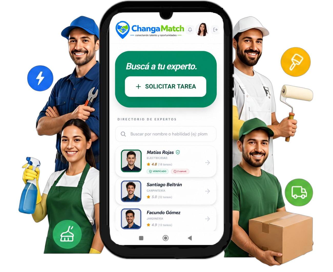 La app de ChangaMatch mostrando el directorio de expertos disponibles